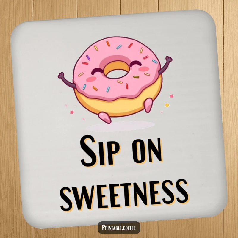 Funny donut coaster featuring a character with sprinkles joyfully bouncing, protecting surfaces while adding a cheerful vibe.