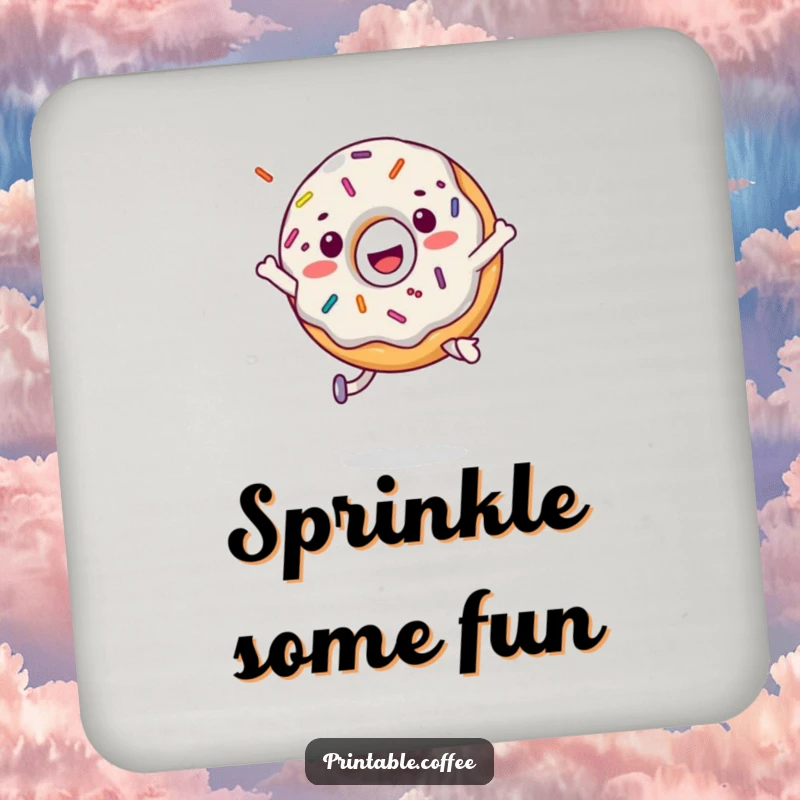 Funny donut character jumping with sprinkles flying, depicted on a protective drink coaster.
