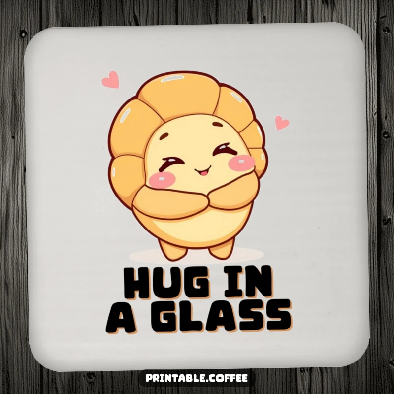 Funny drink coaster featuring a croissant character winking and offering a hug, adding a warm and welcoming touch to any table.