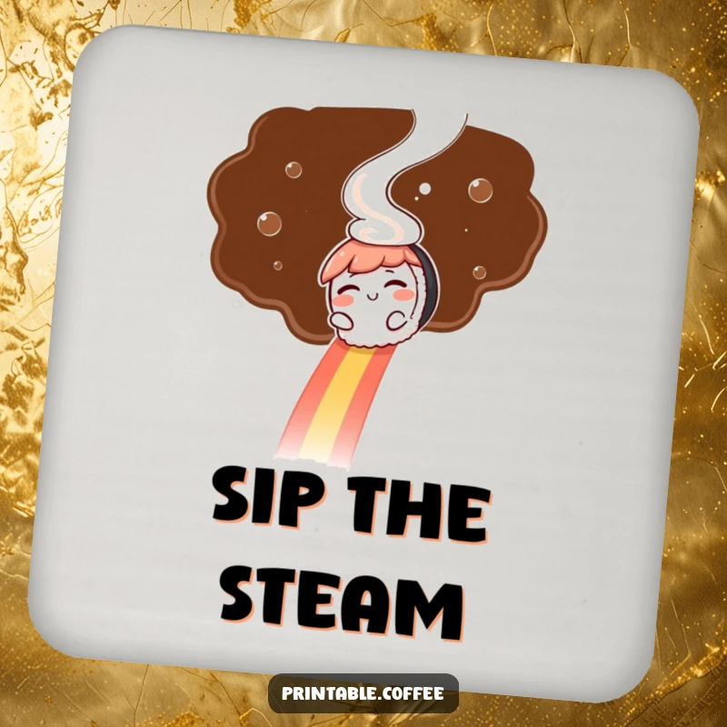 Funny coasters: A winking sushi character slides down a coffee steam rainbow, adding playful charm to drink protection.
