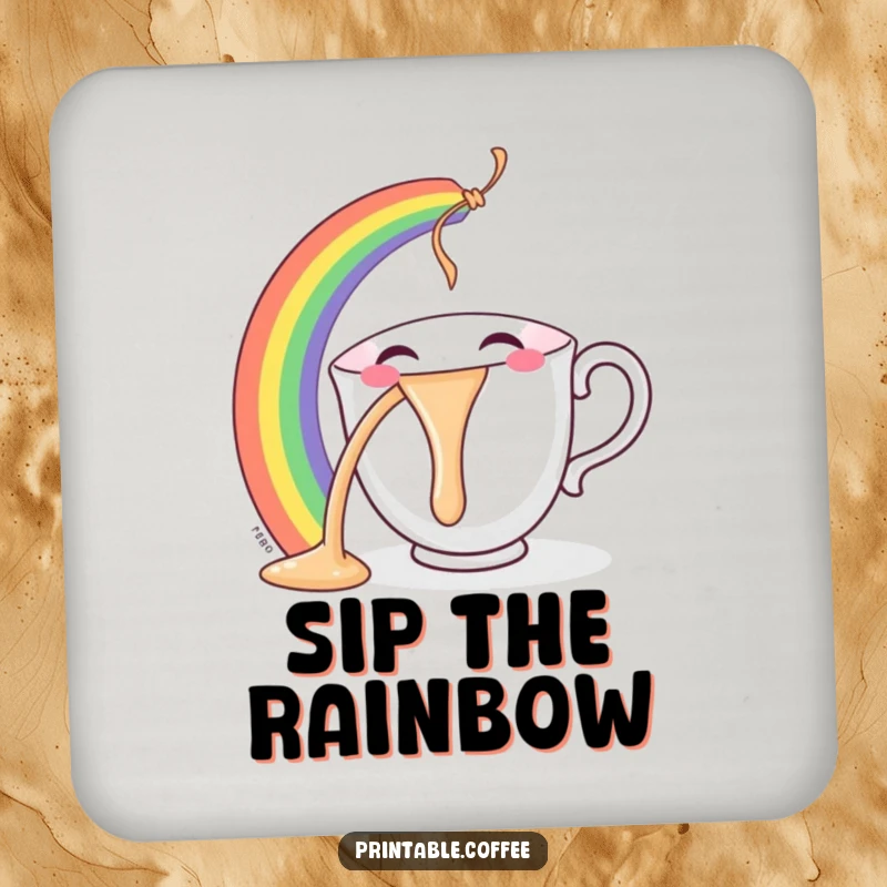Funny teacup coaster featuring a smiling character gleefully pouring a bright rainbow, protecting surfaces with colorful flair.