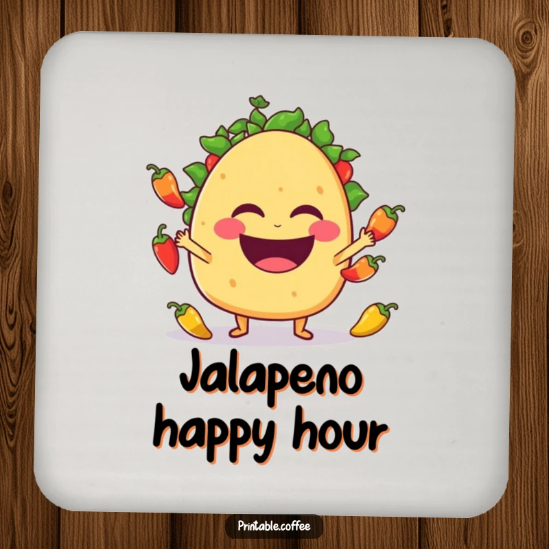 Funny taco character laughing and juggling jalapeño peppers, depicted on a protective drink coaster.