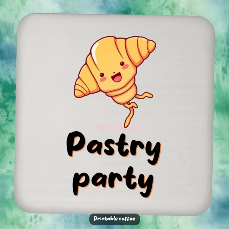 Funny croissant drink coaster featuring a joyful cartoon croissant with legs, doing a cartwheel.