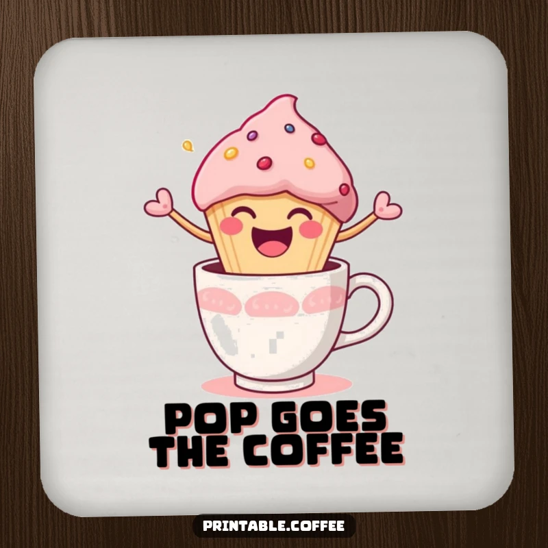Funny Coaster depicting a happy muffin character joyfully bursting out of a coffee cup, adding cheer to drinks.