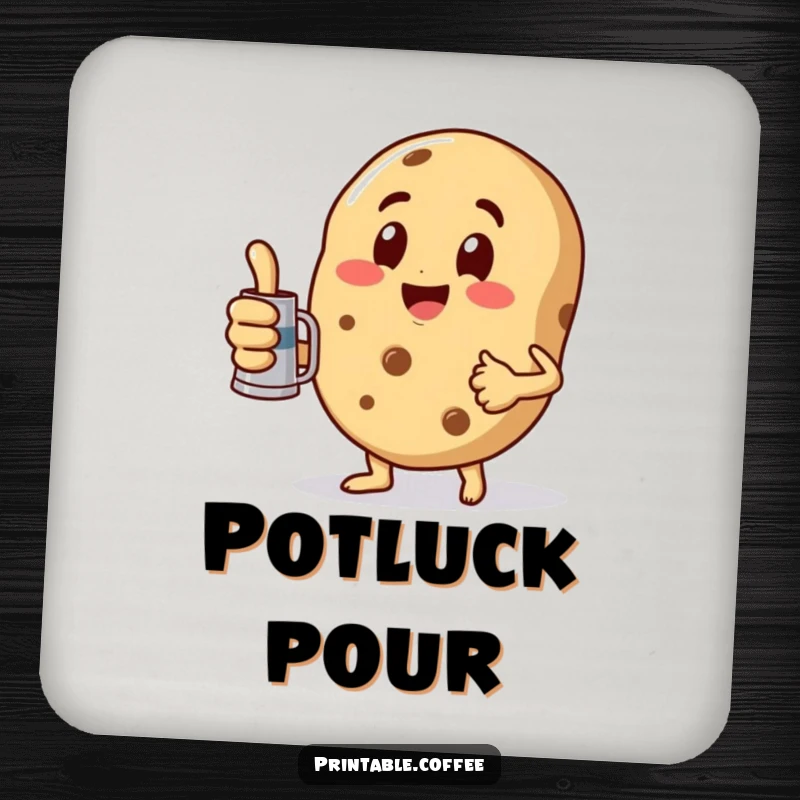 Funny Coaster depicting a playful cookie character giving a thumbs up while holding a miniature coffee pot, adding cheer.
