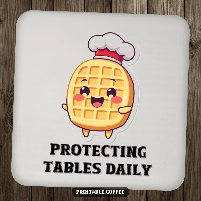Funny waffle character in a chef hat, looking delighted, protecting surfaces with this humorous coaster.