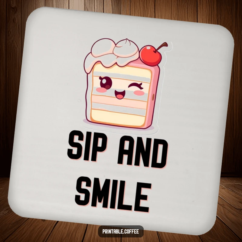 Funny drink coaster featuring a winking piece of cake character with an extra cherry, protecting surfaces with charm.