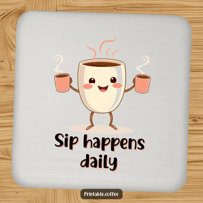 Funny coffee juggler coaster with a smiling coffee cup character with tiny legs, joyfully juggling steaming mugs.