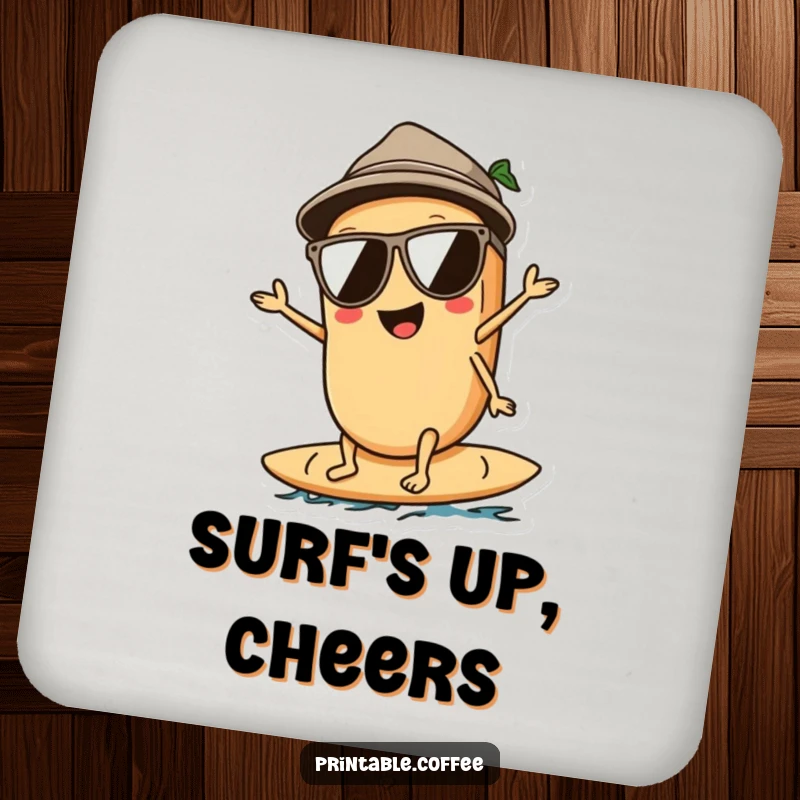 Funny drink coaster featuring a coffee bean character wearing sunglasses, surfing on a wave, for a touch of cool coastal decor.