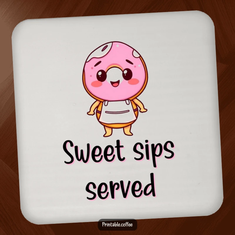 Funny drink coaster featuring a happy donut character in a miniature barista apron, adding a sweet and playful touch to any table.