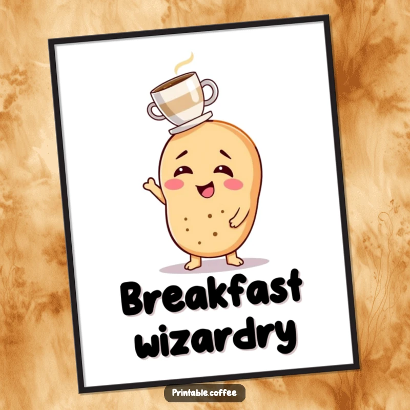 Funny poster featuring a giggling bagel character balancing a tiny coffee cup, embodying morning coffee joy.