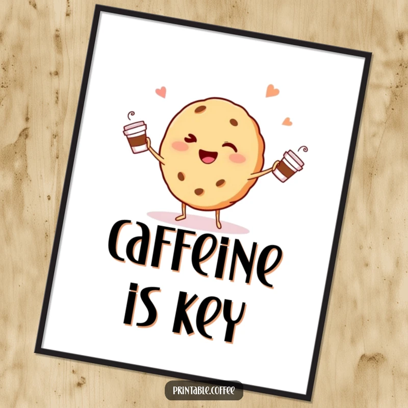 Funny winking cookie character happily juggling tiny coffee cups on a poster, for dynamic and cheerful decor.