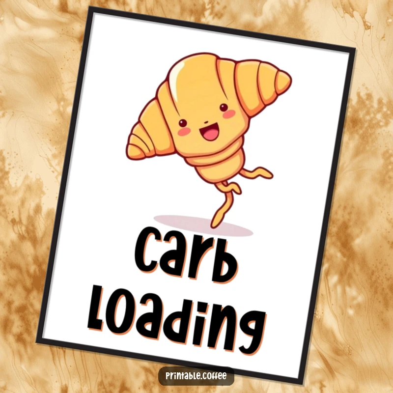 Funny croissant poster showing a joyful cartoon croissant with legs, energetically doing a cartwheel.