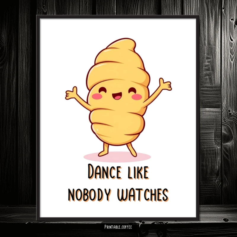 Funny croissant poster displaying a jolly pastry character in a lively happy dance, surrounded by joyful movement lines, making it a humorous wall accent.