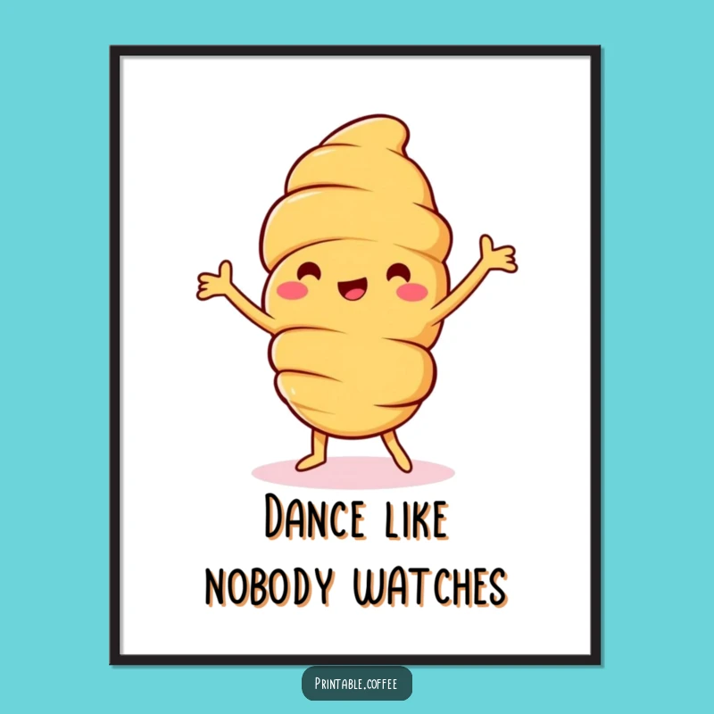 Funny Croissant Dance Poster: Jolly Pastry Character's Happy Dance - Vibrant Wall Art & Hilarious Gift