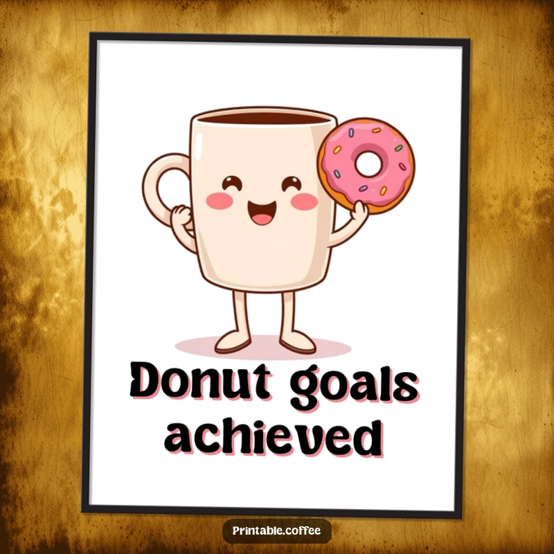 Funny coffee mug with legs triumphantly holding a donut, creating a humorous and celebratory piece of wall art.