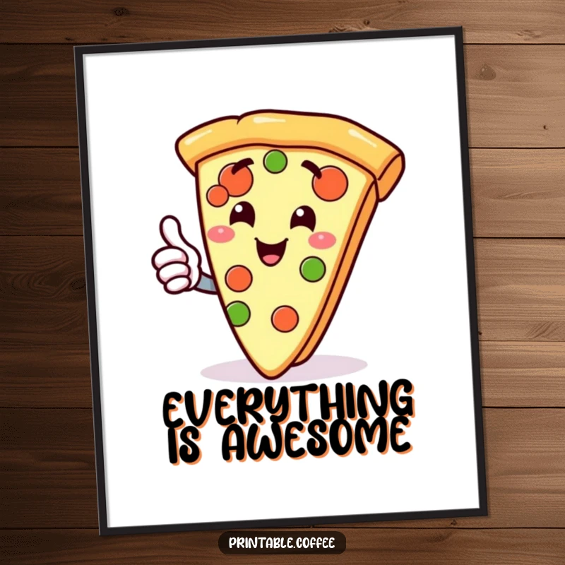 Funny poster showcasing a gleeful slice of pizza character giving a thumbs up, perfect for food-themed wall art.