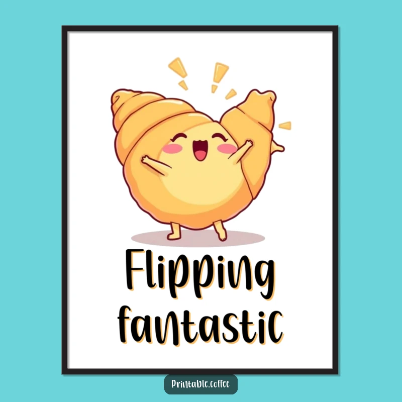 Funny Croissant Cartwheel Poster Hilarious Pastry Art Print For Kitchen Decor