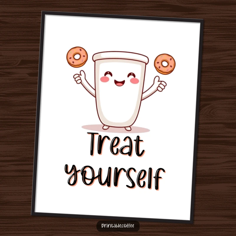 Funny coffee poster showing a smiling cartoon coffee cup with arms, juggling three tiny donuts.