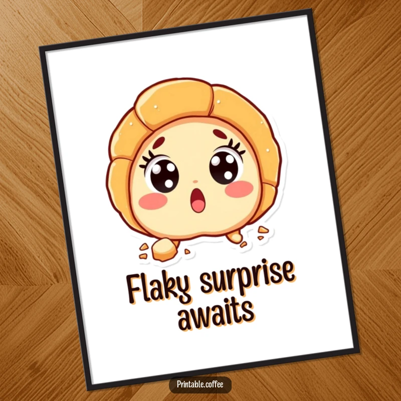 Funny croissant character with wide, startled eyes and flaky crumbs falling, presented as a quirky poster.