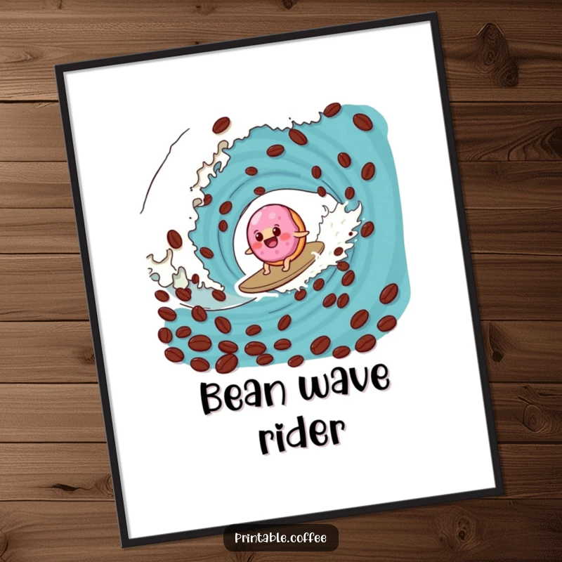 Funny donut poster depicting a wobbly jelly donut surfing a giant coffee bean wave, adding humorous art to walls.