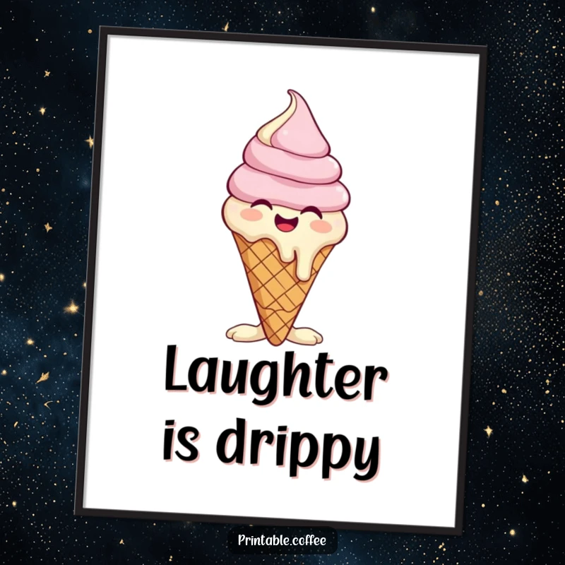 Funny poster of a giggling ice cream cone character melting slightly with mirth, ideal for cheerful wall decor.
