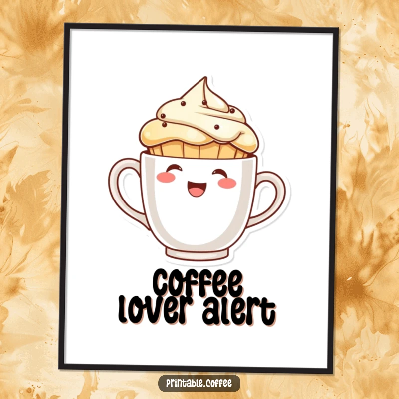 Funny laughing muffin character peeking from behind a giant coffee cup on a poster, for playful decor.