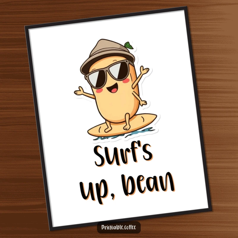 Funny art print of a coffee bean character with sunglasses, surfing stylishly on a wave, bringing cool beach vibes indoors.