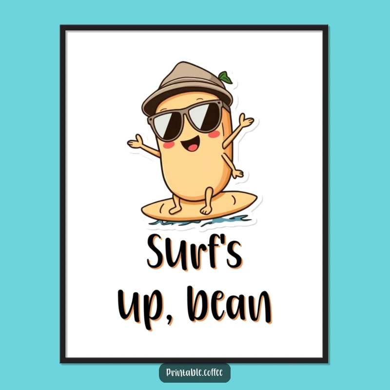 Funny Surfing Coffee Bean Art Print: Hang Loose on Your Walls