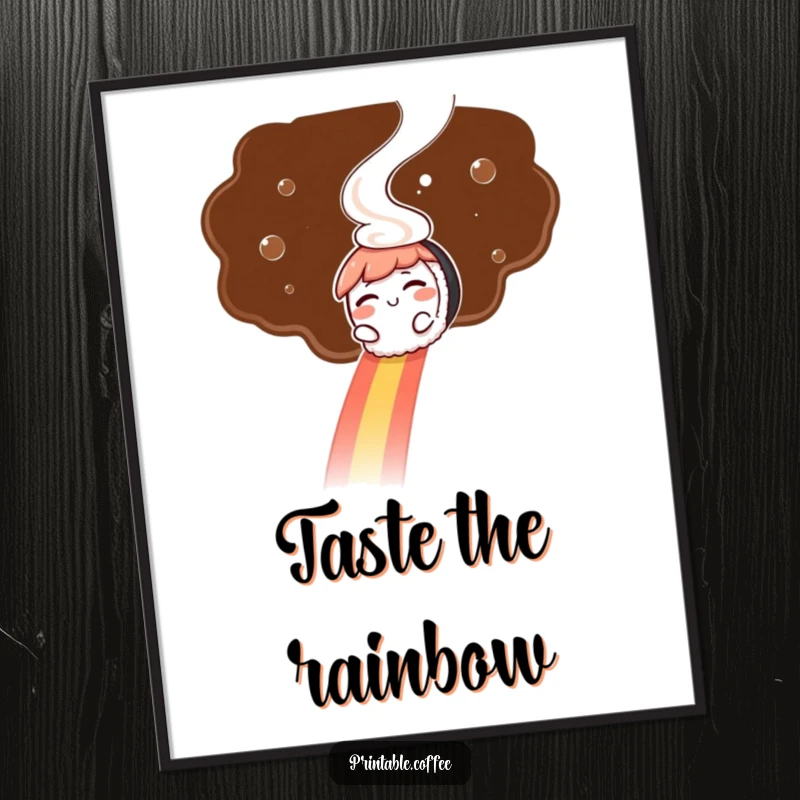 Funny poster: A winking sushi character slides down a vibrant rainbow of coffee steam, creating a dreamy and humorous visual.