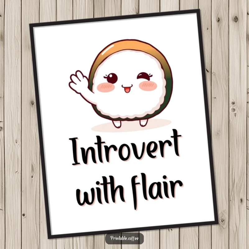 Funny poster showcasing a blushing piece of sushi character doing a shy wave, ideal for charming wall decor.