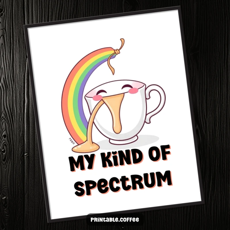 Funny teacup poster featuring a smiling character joyfully pouring a vibrant rainbow, adding a cheerful and artistic touch to walls.