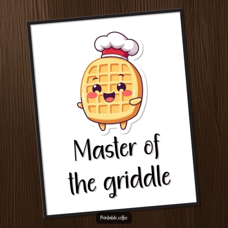 Funny waffle character in a chef hat, looking delighted, a humorous and delightful poster for kitchen walls.