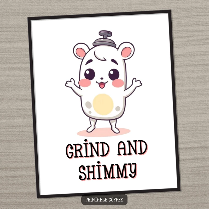 Funny French press poster featuring a character delightfully doing a little shimmy, adding a vibrant and joyful coffee-themed touch.