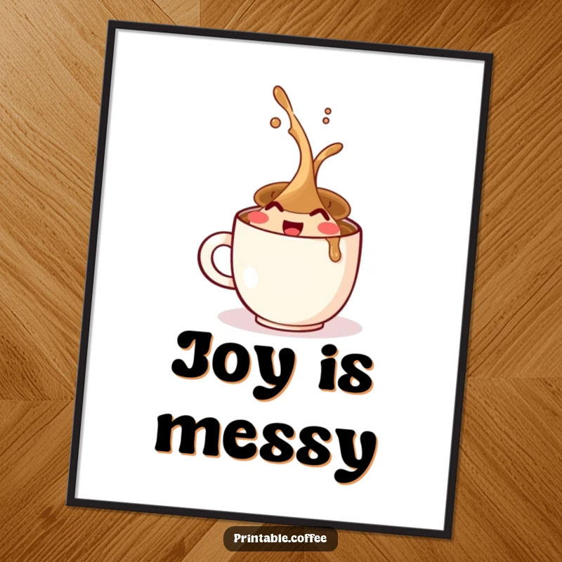 Funny art print depicting a coffee cup character hilariously spilling its contents with unrestrained joy and vibrant energy.