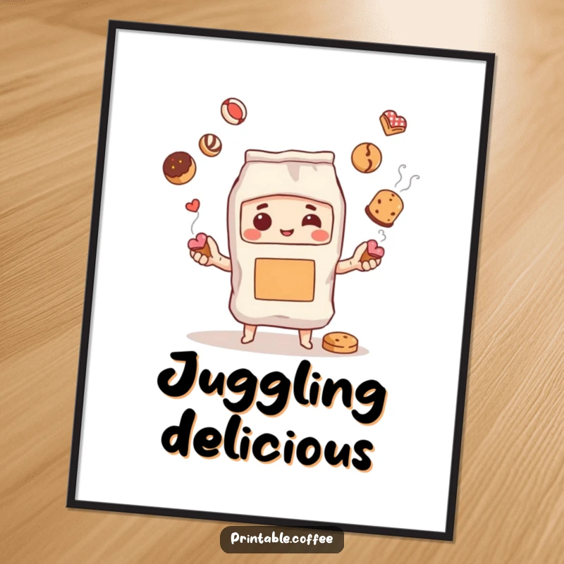 Funny art print of a steaming coffee bag character mid-juggle with various pastries, adding a whimsical culinary theme.