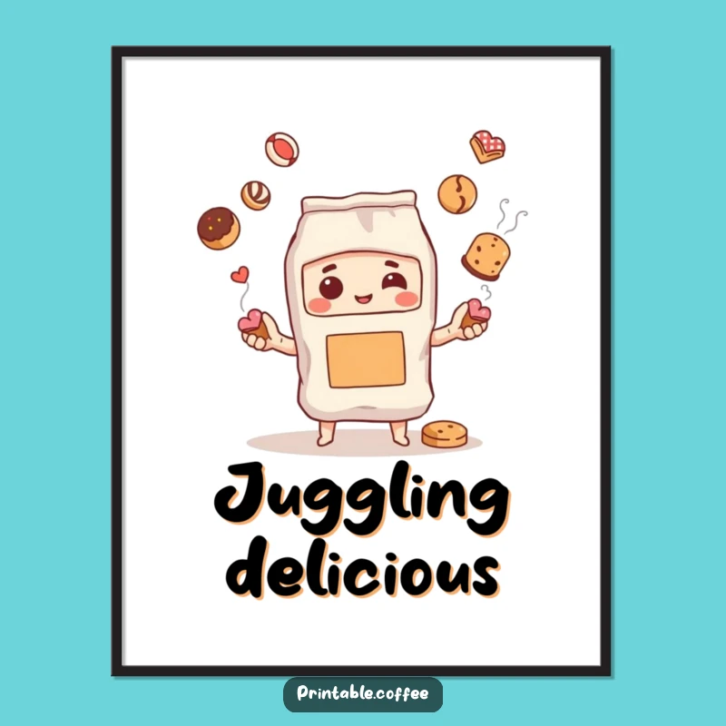 Funny Coffee Bag Juggling Pastries Art Print for Kitchen Walls
