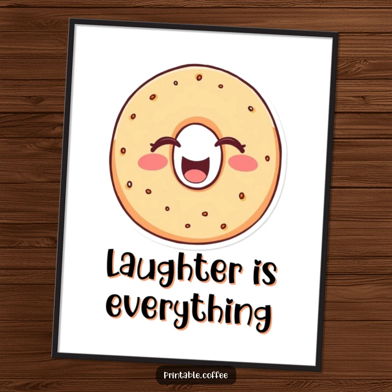 Funny bagel poster featuring a cheerful bagel character laughing heartily with eyes shut, radiating infectious, round laughter for wall decoration.