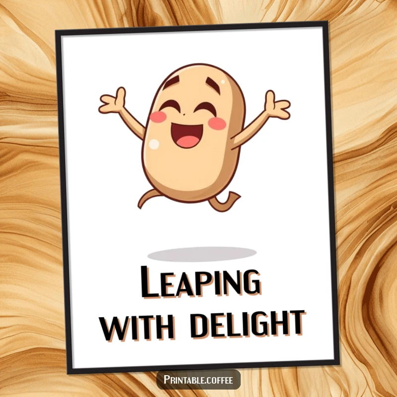 Funny coffee bean poster displaying a giggling character leaping joyfully in mid-air, capturing dynamic excitement and caffeinated cheer for wall art.