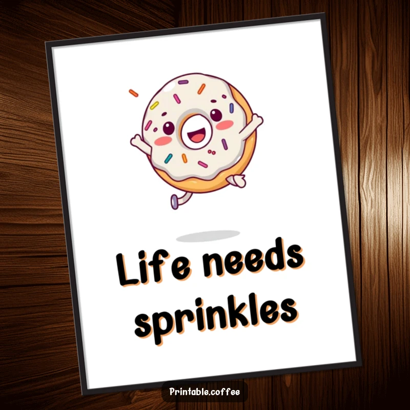 Funny donut character leaping playfully amidst a shower of colorful sprinkles, presented as a vibrant poster.