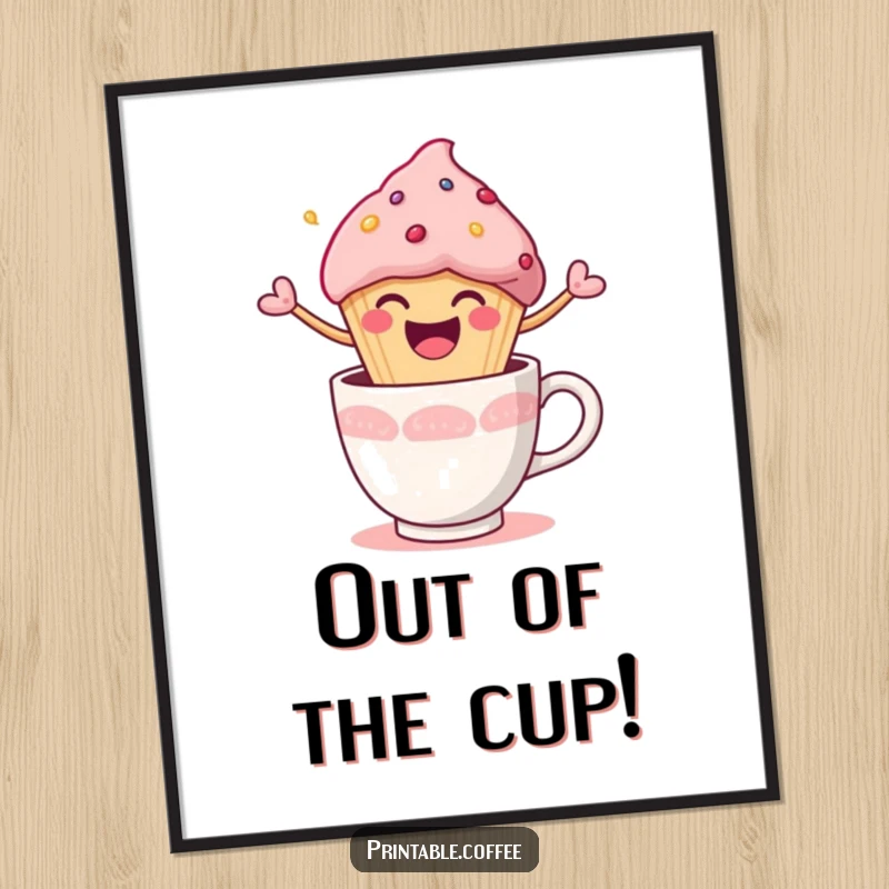 Funny Poster of a happy muffin character joyfully bursting out of a coffee cup, radiating infectious energy.