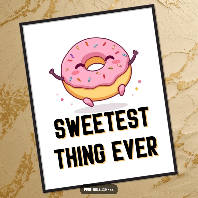 Funny donut poster featuring a character with sprinkles joyfully bouncing, adding a vibrant and happy mood to any room.