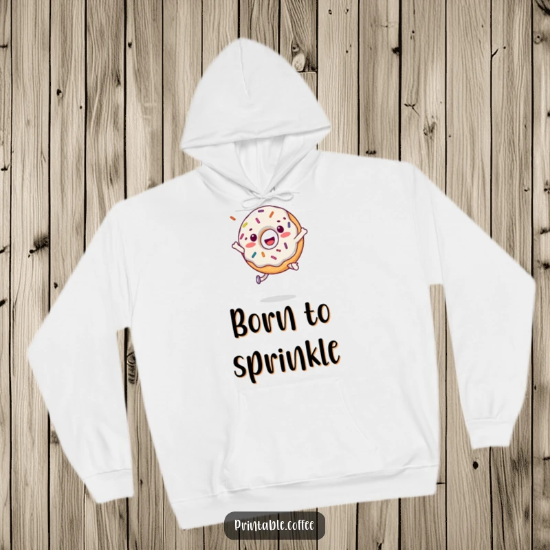Funny donut character joyfully jumping, surrounded by colorful flying sprinkles, featured on a soft hoodie.