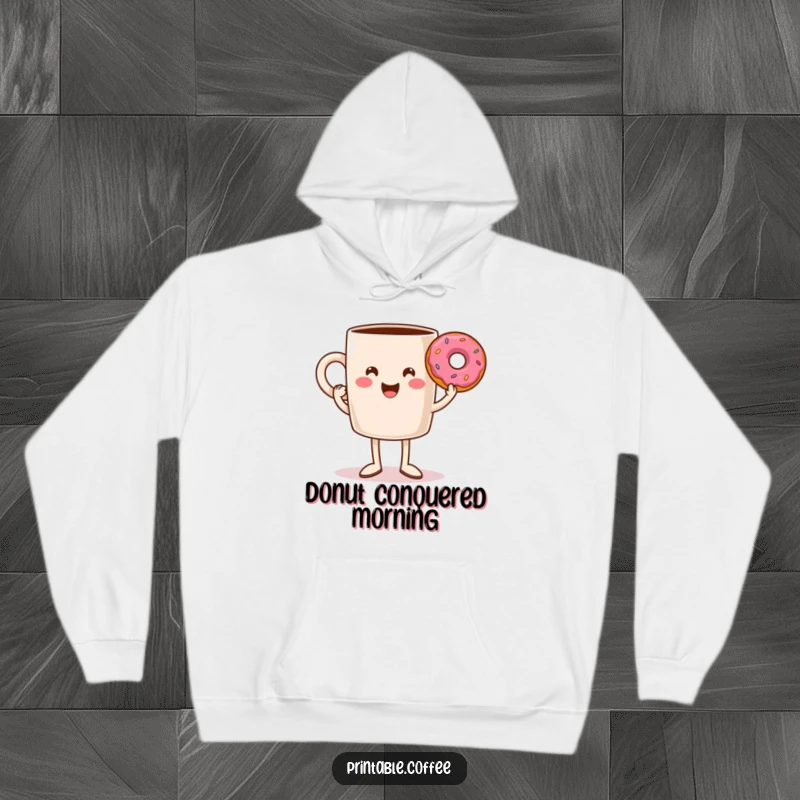 Funny coffee mug character with legs triumphantly holding a donut, offering cozy warmth and hilarious vibes in a hoodie.
