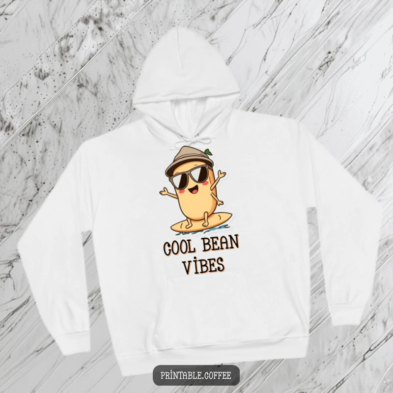 Funny hoodie with a cool coffee bean character wearing sunglasses, surfing on a wave, offering warmth and laid-back style.