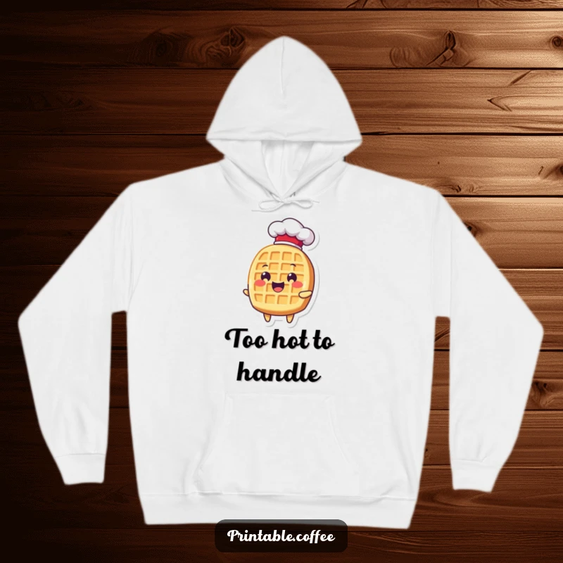 Funny waffle character in a tiny chef hat, exuding delight, making this a warm and humorous hoodie.