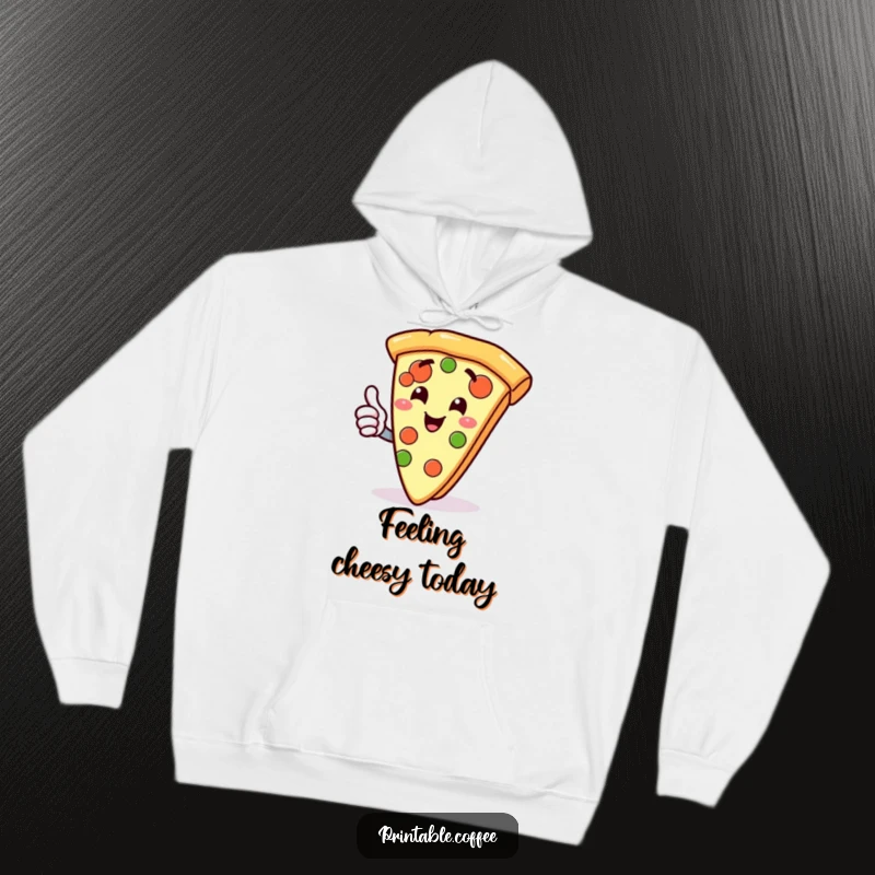 Funny hoodie showcasing a gleeful slice of pizza character giving a thumbs up, perfect for cozy food enthusiasts.