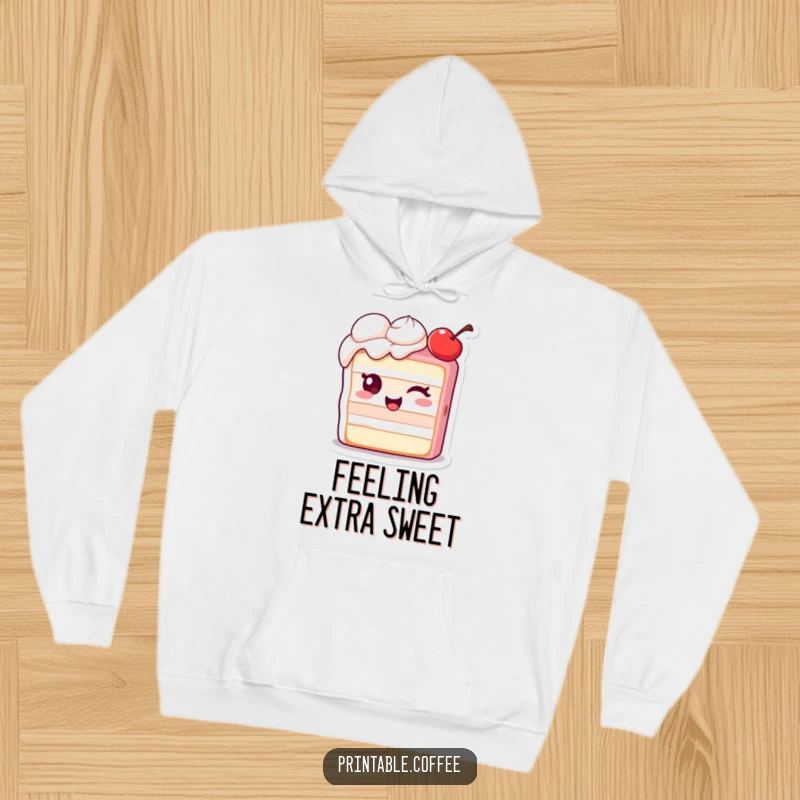 Funny hoodie showing a winking piece of cake character with an extra cherry, perfect for cozy, sweet moments.