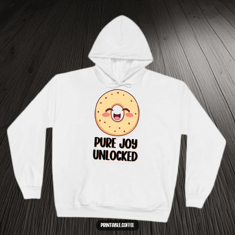 Funny bagel hoodie with a cheerful bagel character laughing heartily, eyes closed in pure comedic bliss, offering warm, doughy delight.