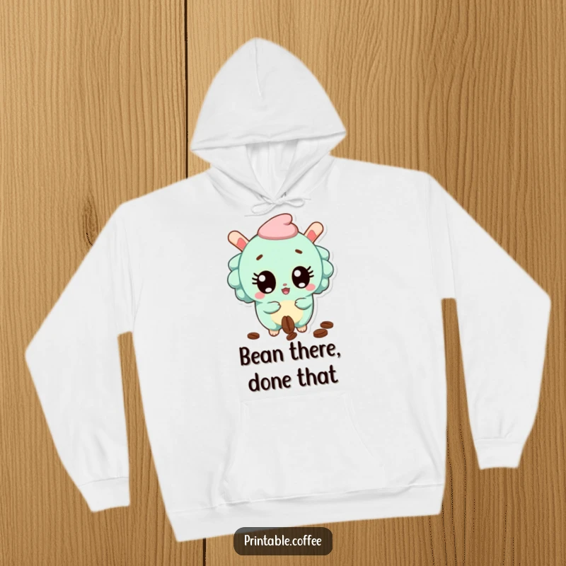 Funny Hoodie featuring a surprised churro character with wide eyes, dropping a coffee bean, perfect for cozy reactions.